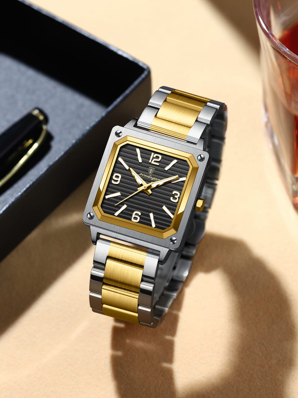 Luxury Square Men Wristwatch POEDAGAR 870 Waterproof Stainless Steel Strap