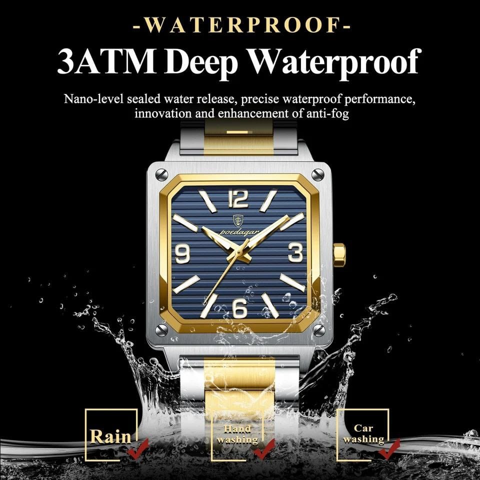 Luxury Square Men Wristwatch POEDAGAR 870 Waterproof Stainless Steel Strap
