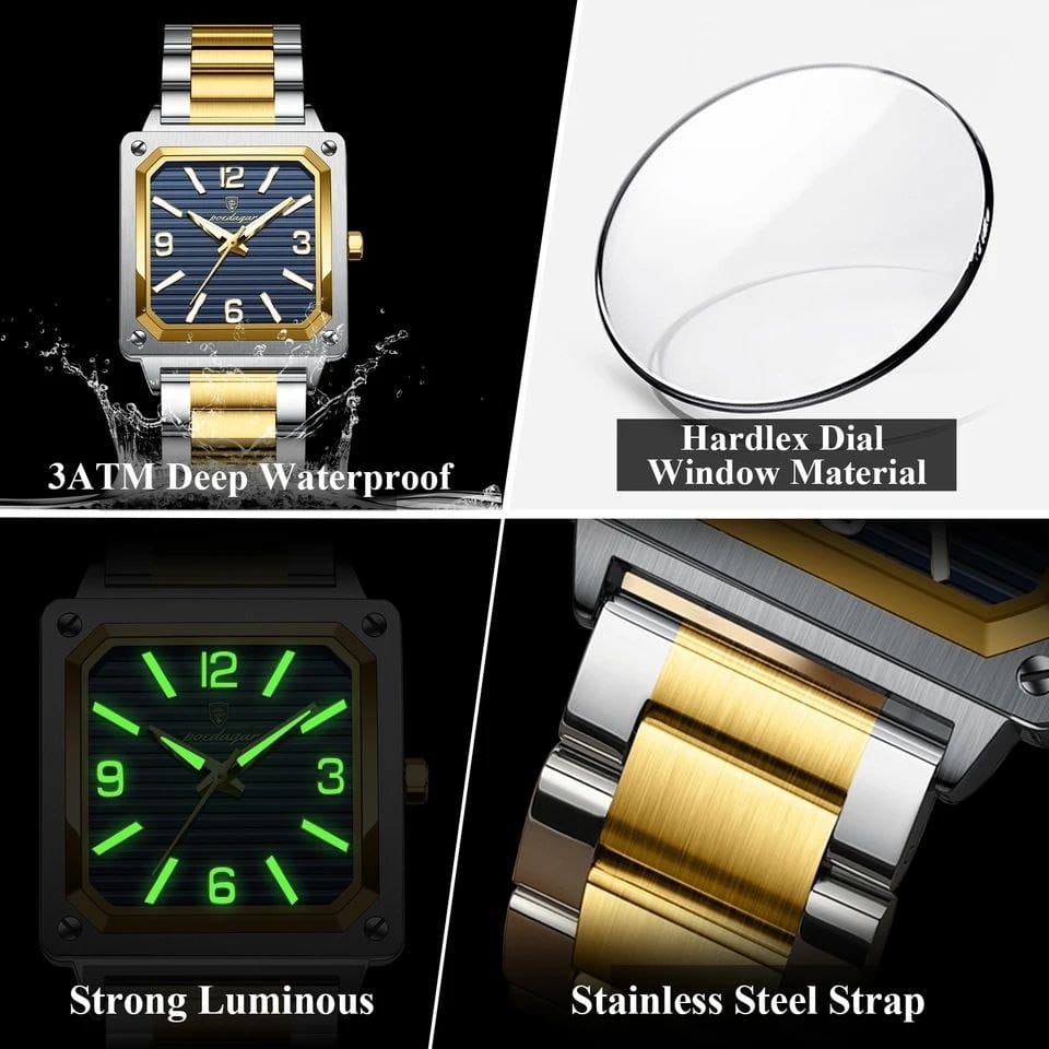 Luxury Square Men Wristwatch POEDAGAR 870 Waterproof Stainless Steel Strap