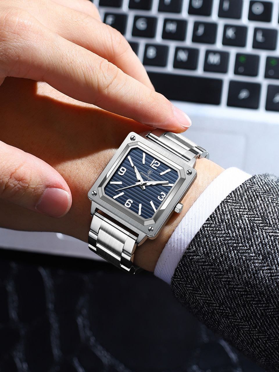 Luxury Square Men Wristwatch POEDAGAR 870 Waterproof Stainless Steel Strap