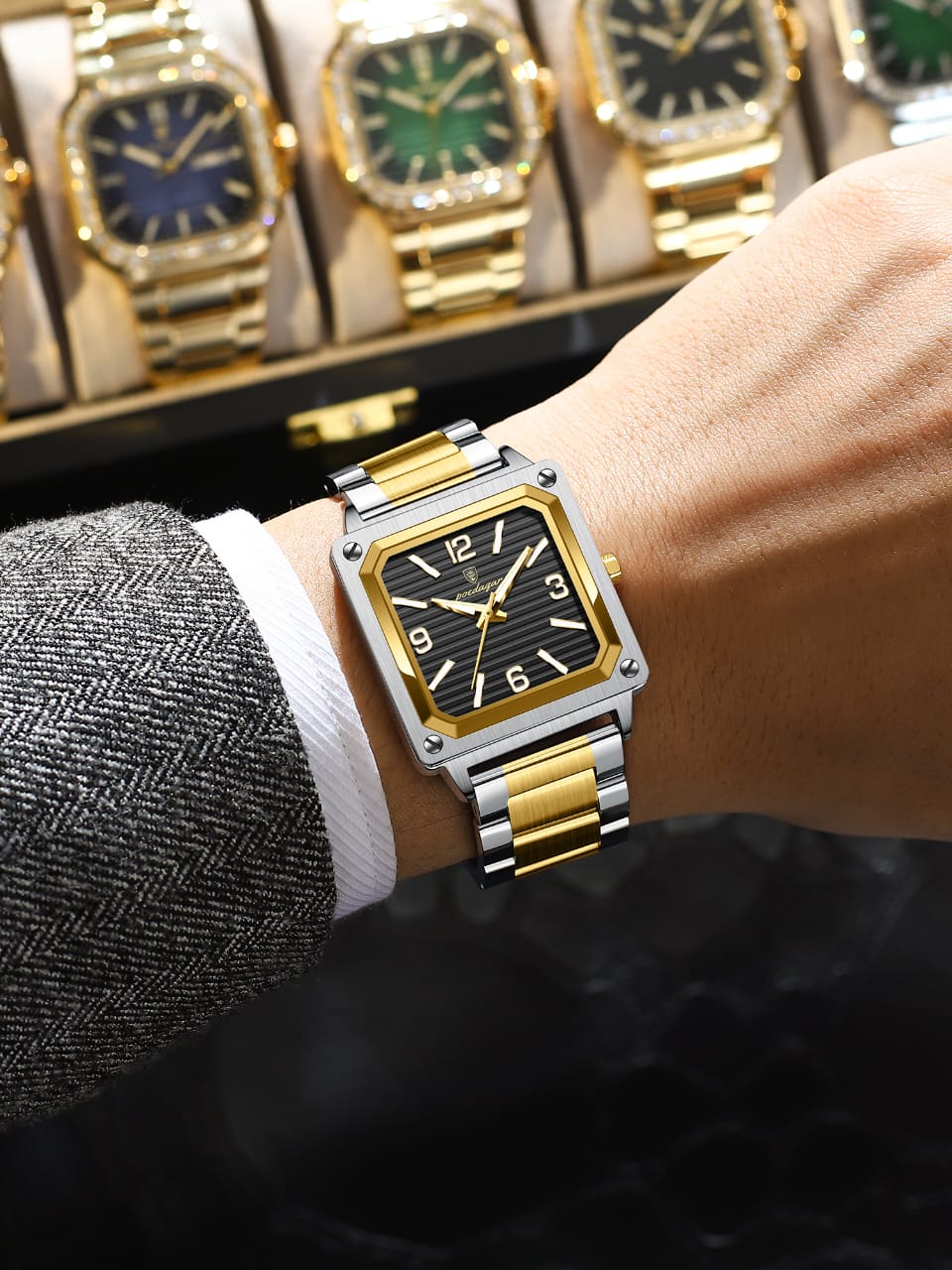 Luxury Square Men Wristwatch POEDAGAR 870 Waterproof Stainless Steel Strap