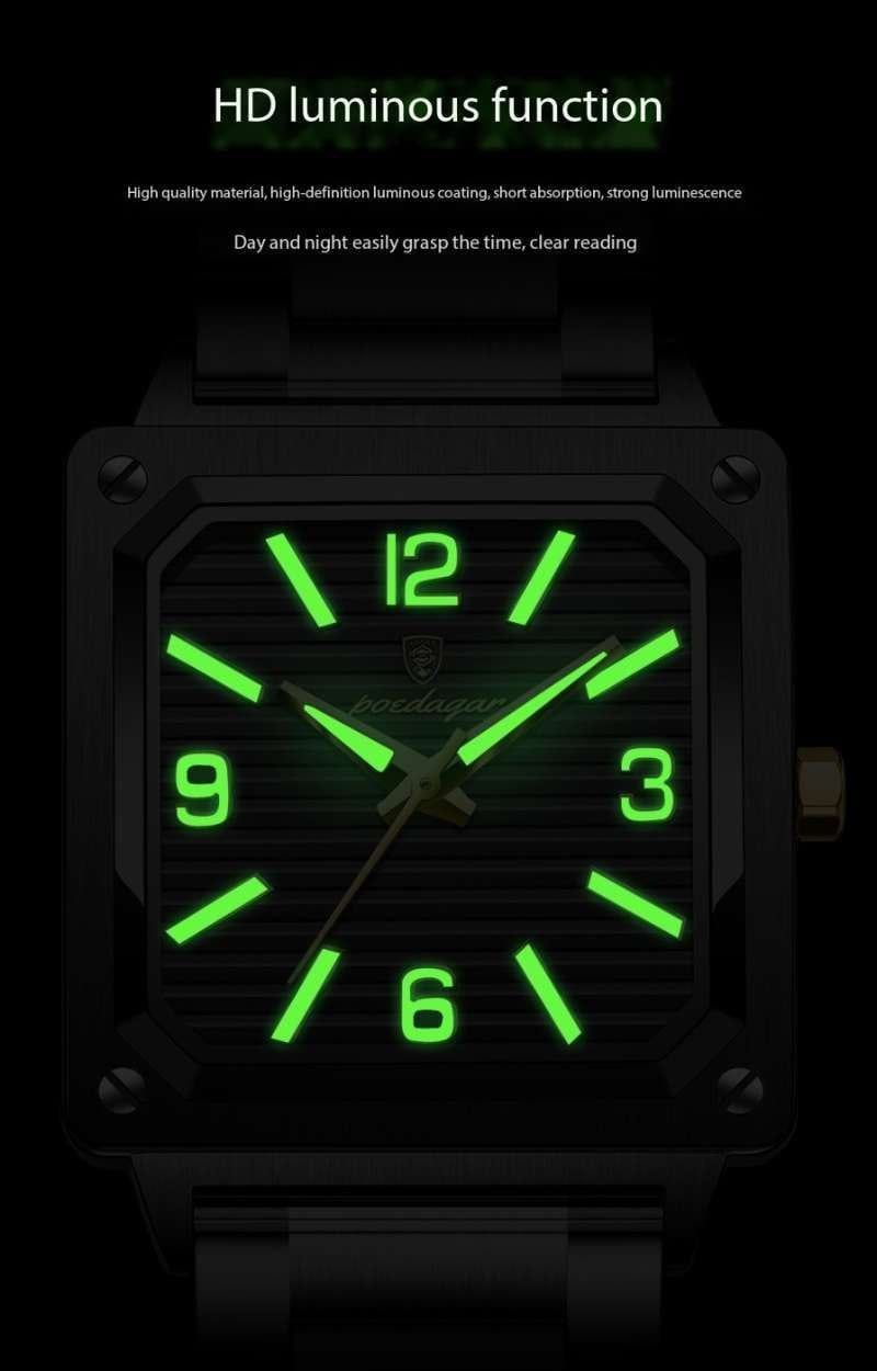Luxury Square Men Wristwatch POEDAGAR 870 Waterproof Stainless Steel Strap