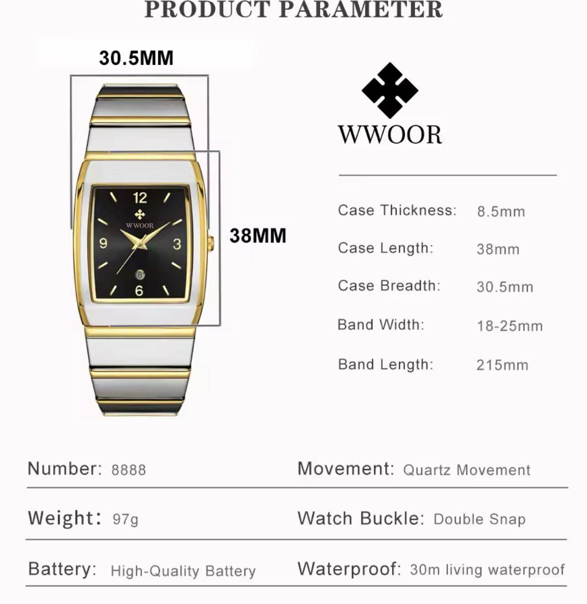 WWOOR 8888 Steel Band Business Fashion Watch Men's Square Watch Quartz Movement Sports and Leisure Trendy Style