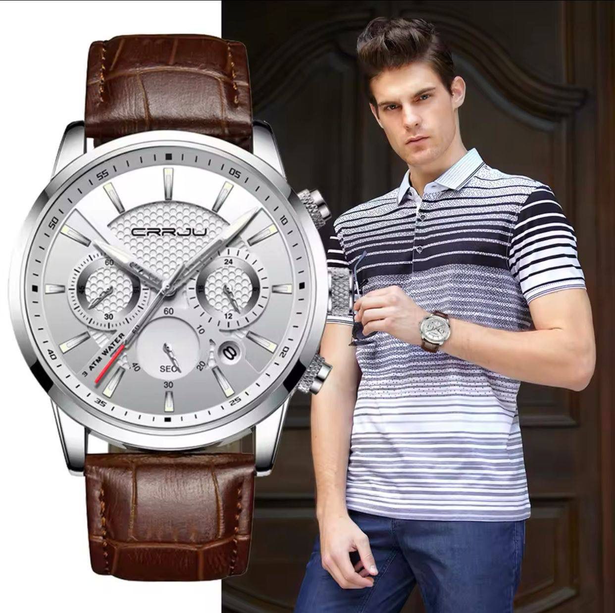 CRRJU Brand 2212 Men Watches Leather Strap Quartz Casual Business Wrist Watch Fashion Chronograph Water Resistant