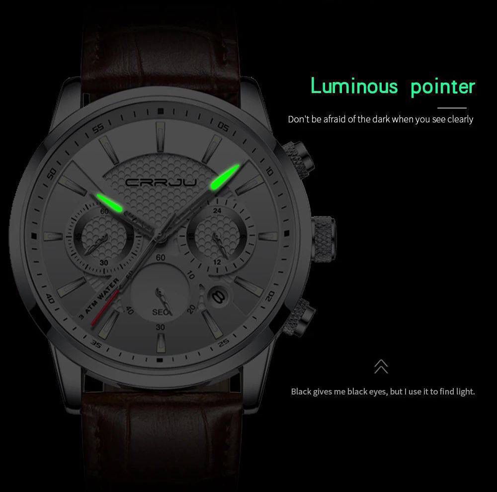 CRRJU Brand 2212 Men Watches Leather Strap Quartz Casual Business Wrist Watch Fashion Chronograph Water Resistant