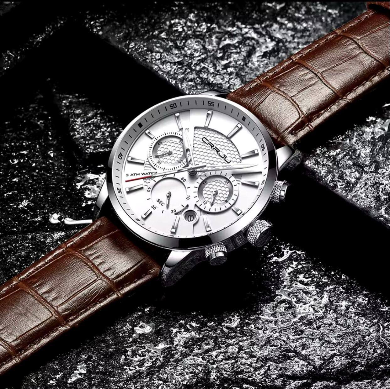 CRRJU Brand 2212 Men Watches Leather Strap Quartz Casual Business Wrist Watch Fashion Chronograph Water Resistant