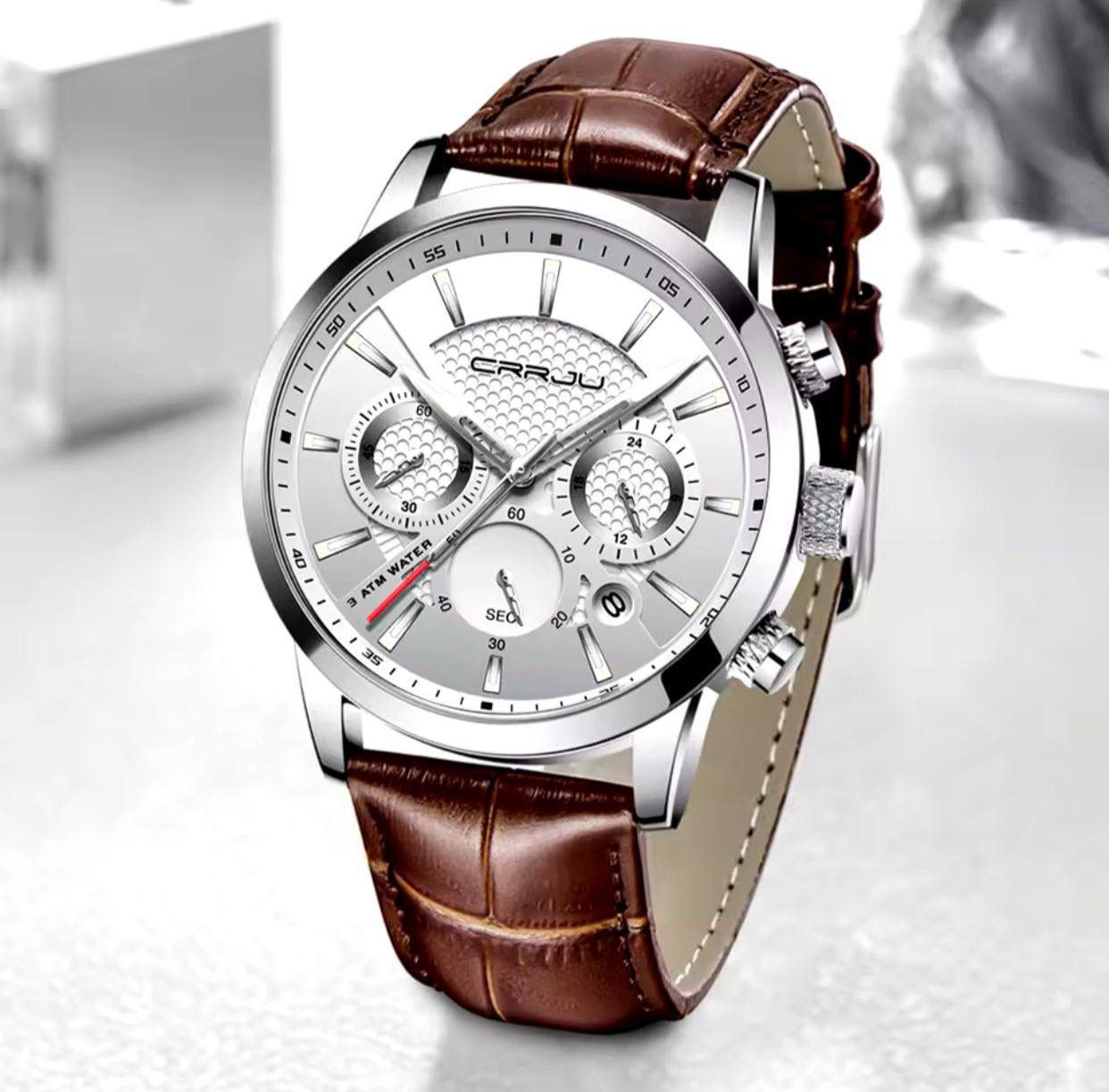 CRRJU Brand 2212 Men Watches Leather Strap Quartz Casual Business Wrist Watch Fashion Chronograph Water Resistant