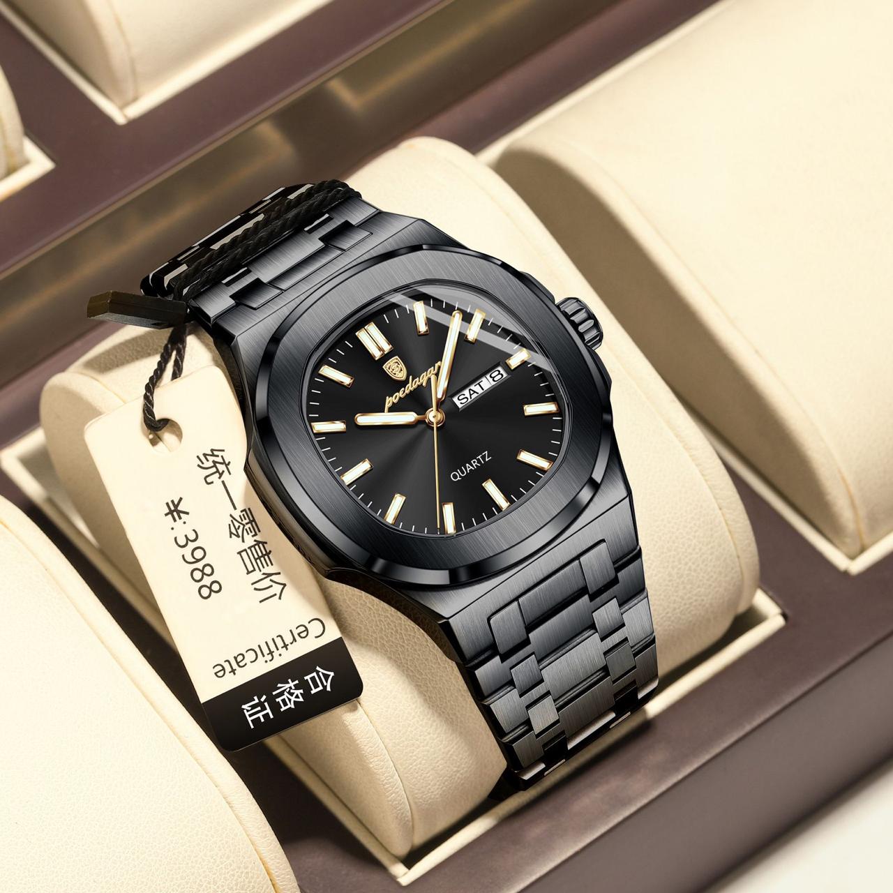 Luxury Fashion Male Clock Square POEDAGAR 853 Waterproof Luminous Date Week Watch For Men Stainless Steel Quartz Wristwatches