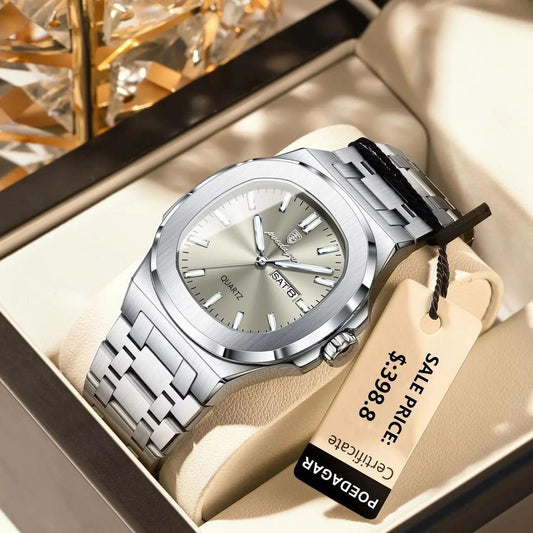 Luxury Fashion Male Clock Square POEDAGAR 853 Waterproof Luminous Date Week Watch For Men Stainless Steel Quartz Wristwatches