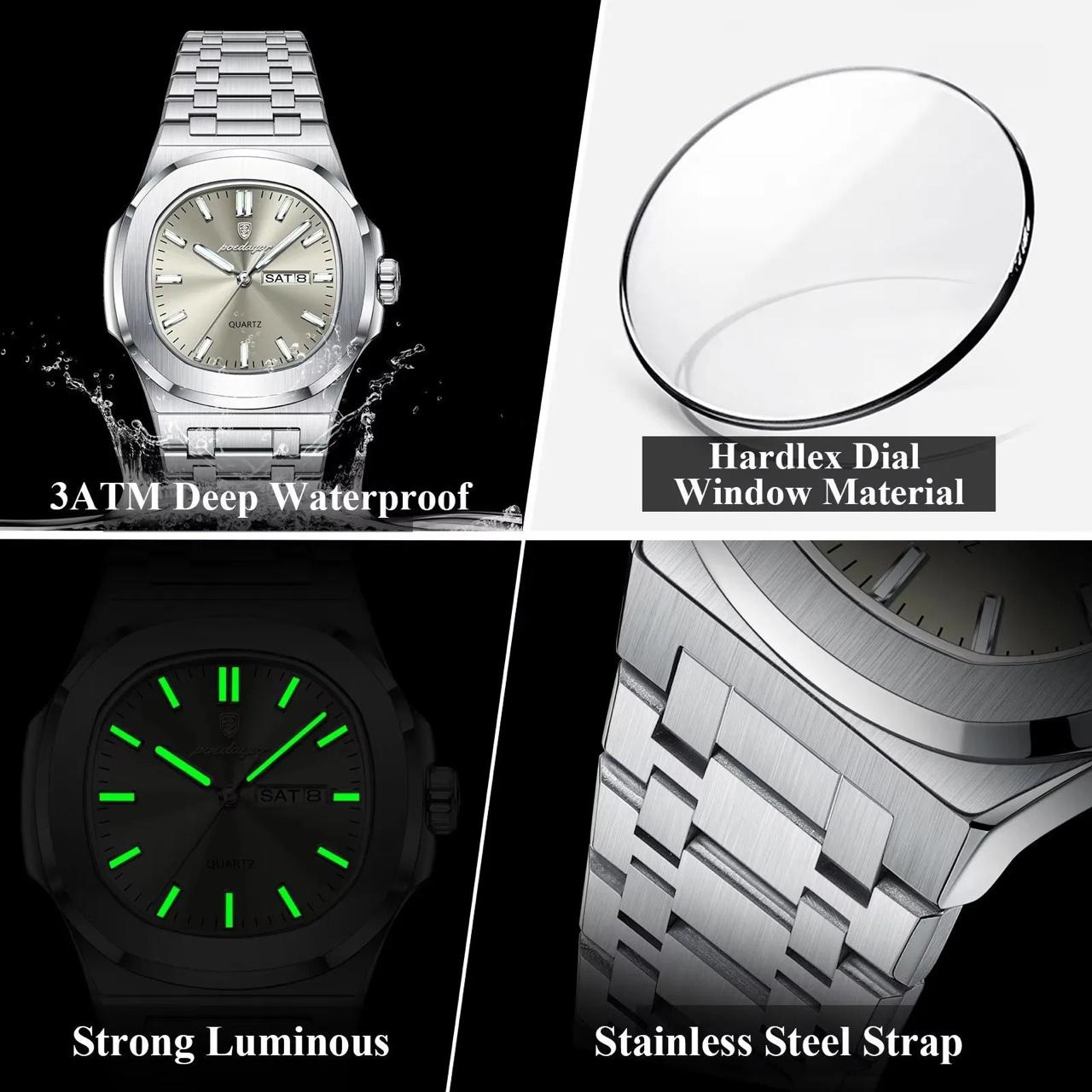 Luxury Fashion Male Clock Square POEDAGAR 853 Waterproof Luminous Date Week Watch For Men Stainless Steel Quartz Wristwatches