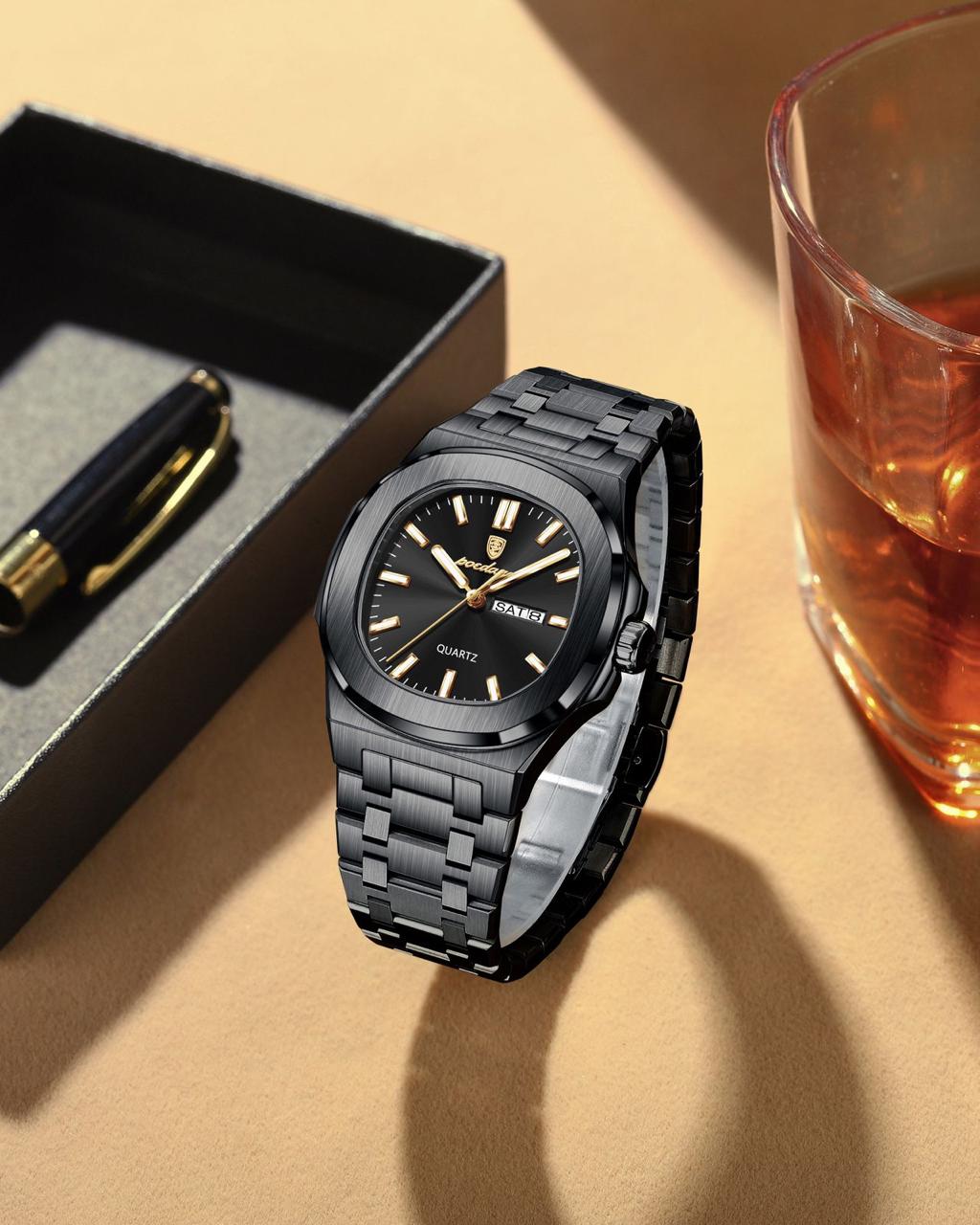 Luxury Fashion Male Clock Square POEDAGAR 853 Waterproof Luminous Date Week Watch For Men Stainless Steel Quartz Wristwatches