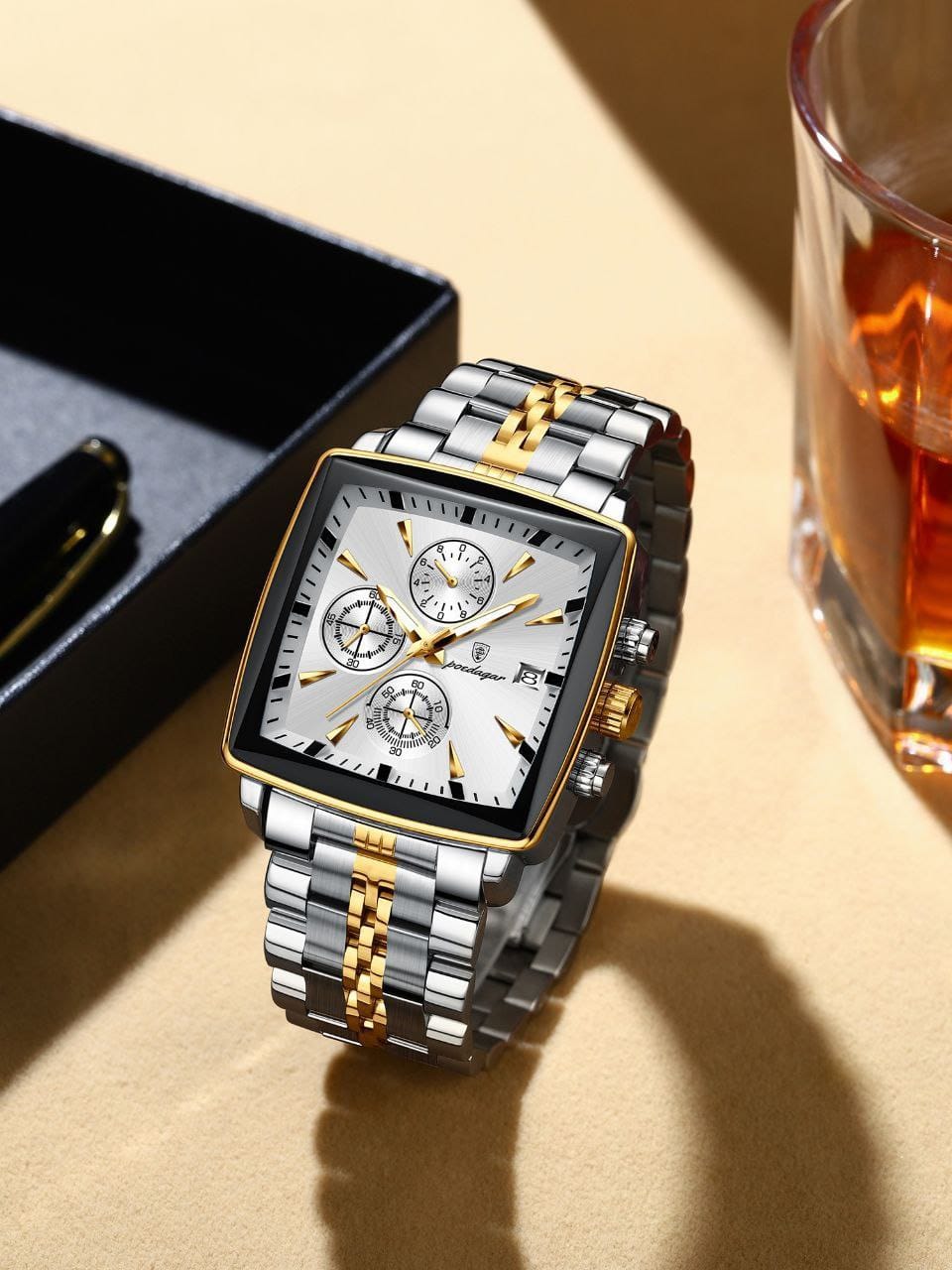 Square Luxury Quartz Watches POEDAGAR 866 Waterproof Stainless Steel Mens watch Chronograph Watch for Men