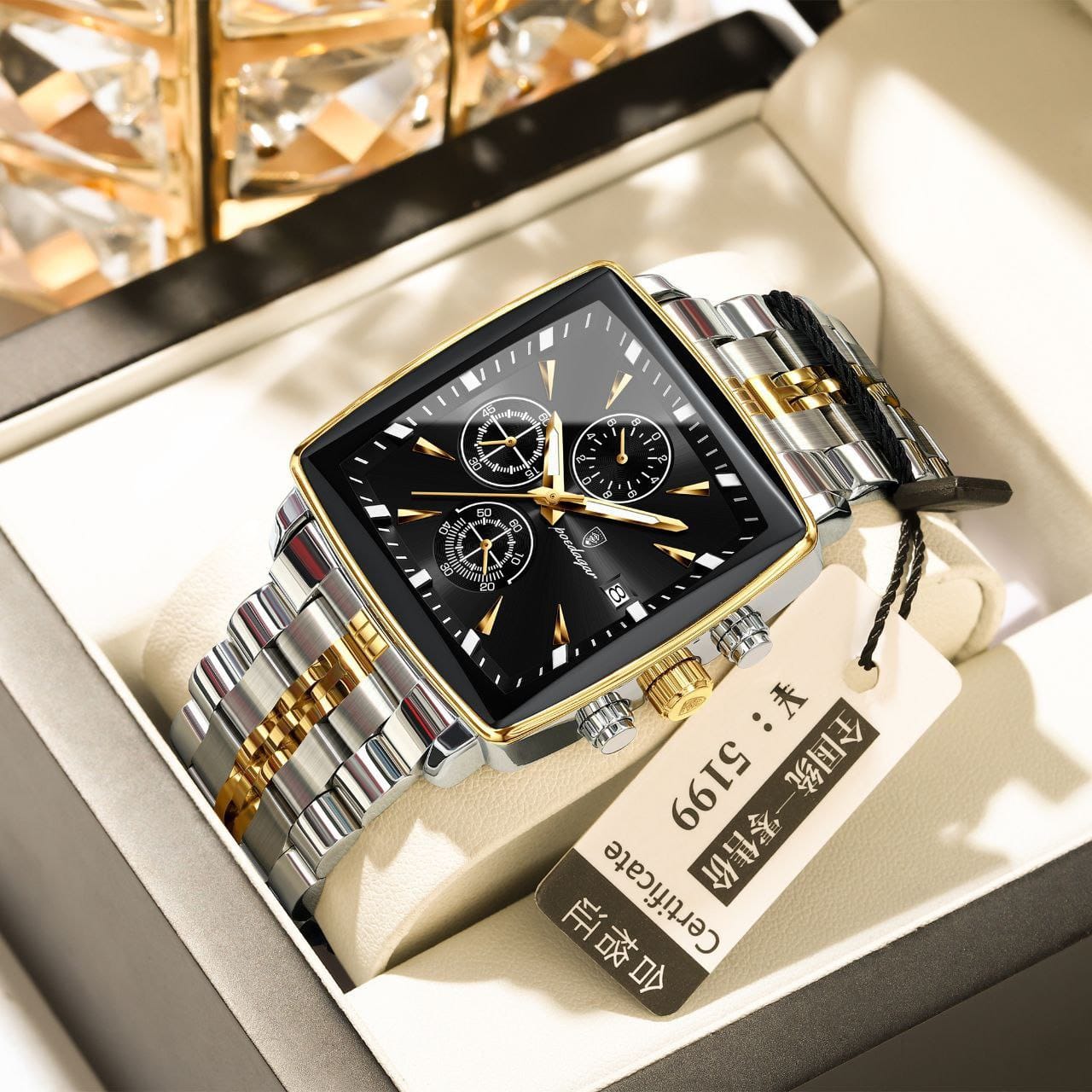 Square Luxury Quartz Watches POEDAGAR 866 Waterproof Stainless Steel Mens watch Chronograph Watch for Men