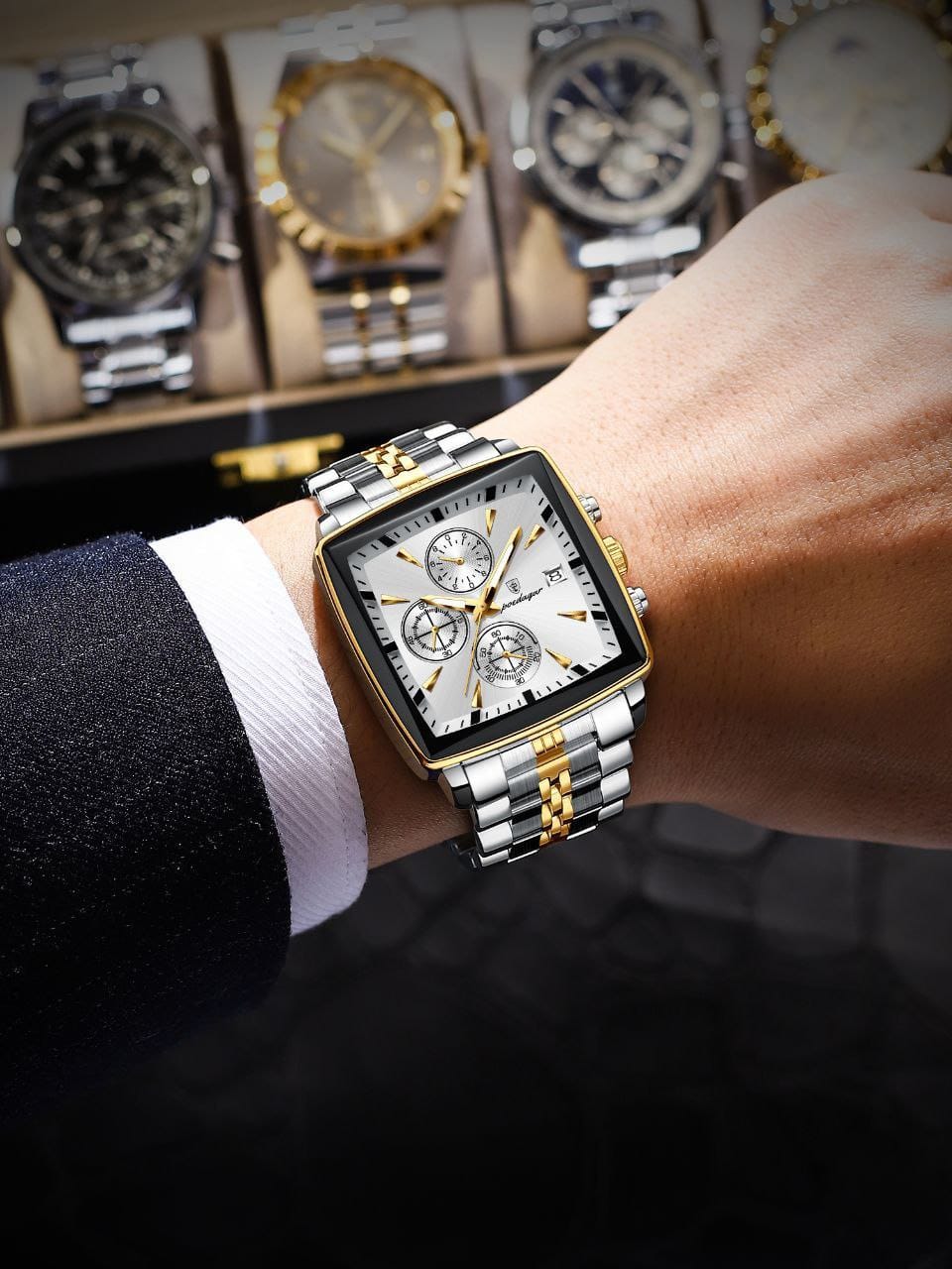 Square Luxury Quartz Watches POEDAGAR 866 Waterproof Stainless Steel Mens watch Chronograph Watch for Men