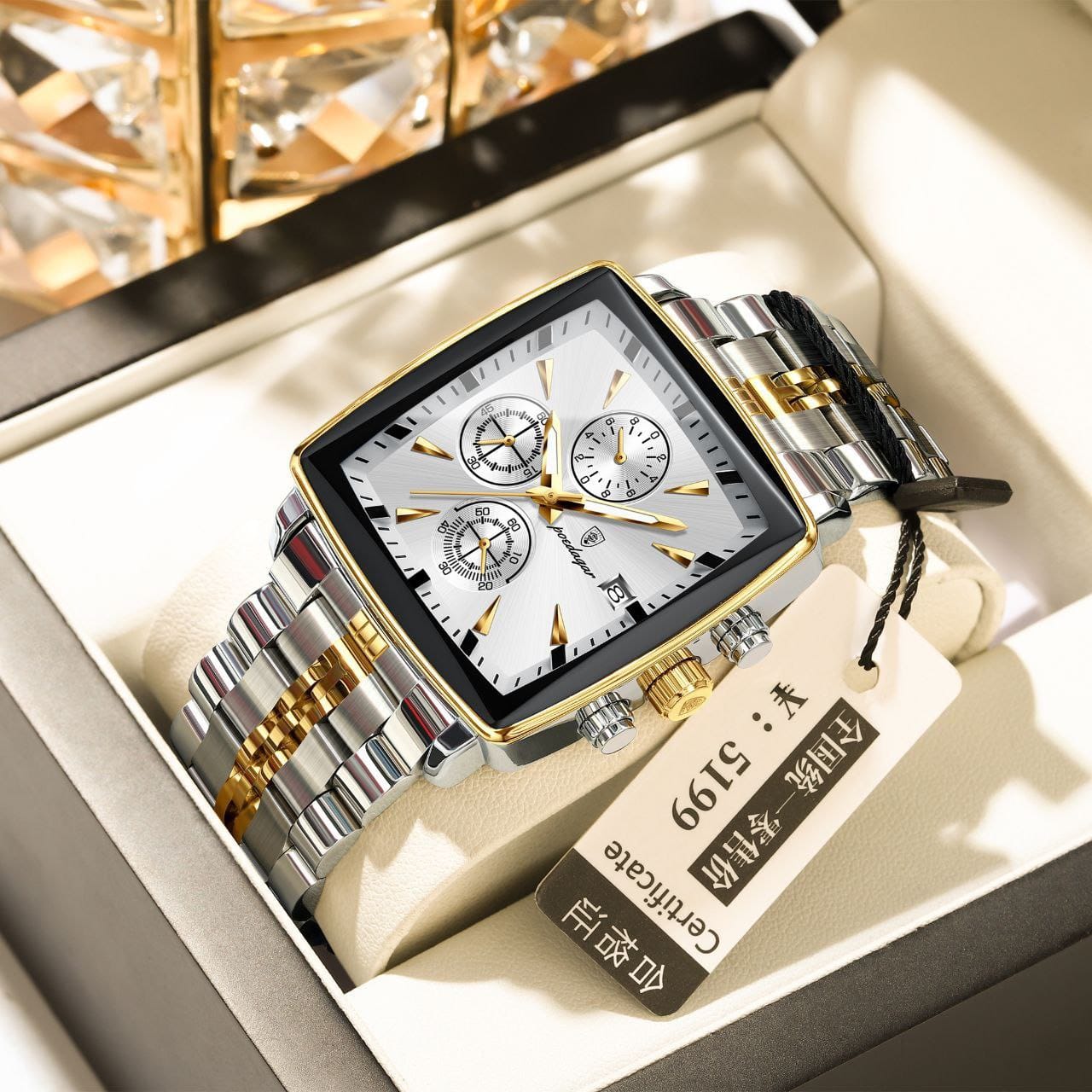 Square Luxury Quartz Watches POEDAGAR 866 Waterproof Stainless Steel Mens watch Chronograph Watch for Men