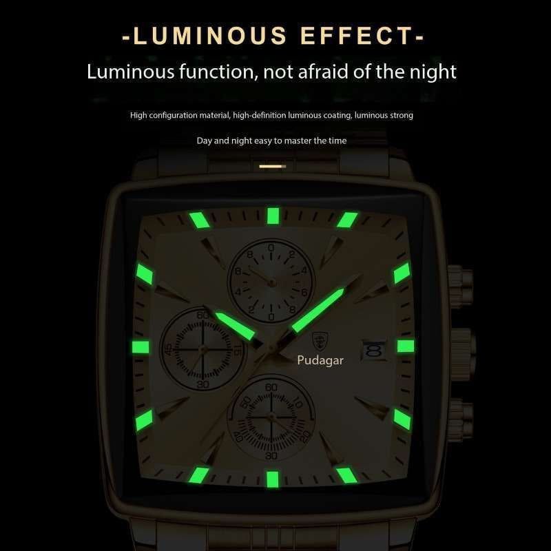 Square Luxury Quartz Watches POEDAGAR 866 Waterproof Stainless Steel Mens watch Chronograph Watch for Men