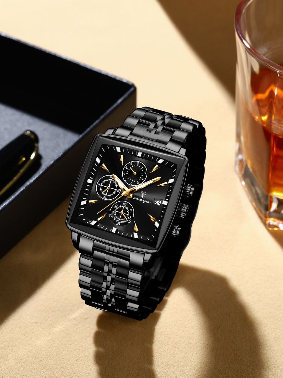 Square Luxury Quartz Watches POEDAGAR 866 Waterproof Stainless Steel Mens watch Chronograph Watch for Men