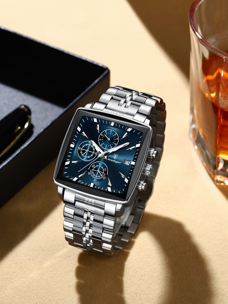 Square Luxury Quartz Watches POEDAGAR 866 Waterproof Stainless Steel Mens watch Chronograph Watch for Men
