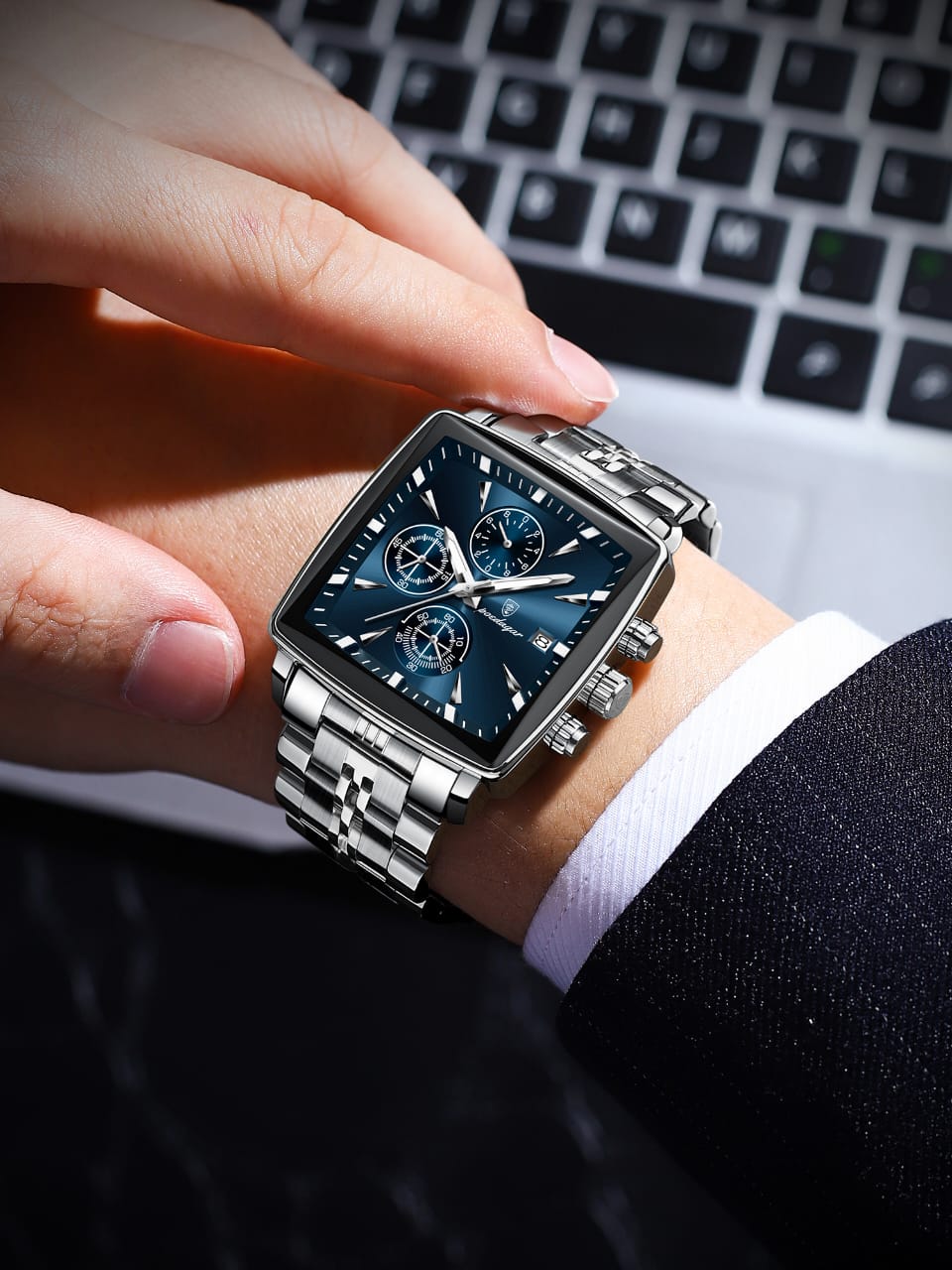 Square Luxury Quartz Watches POEDAGAR 866 Waterproof Stainless Steel Mens watch Chronograph Watch for Men