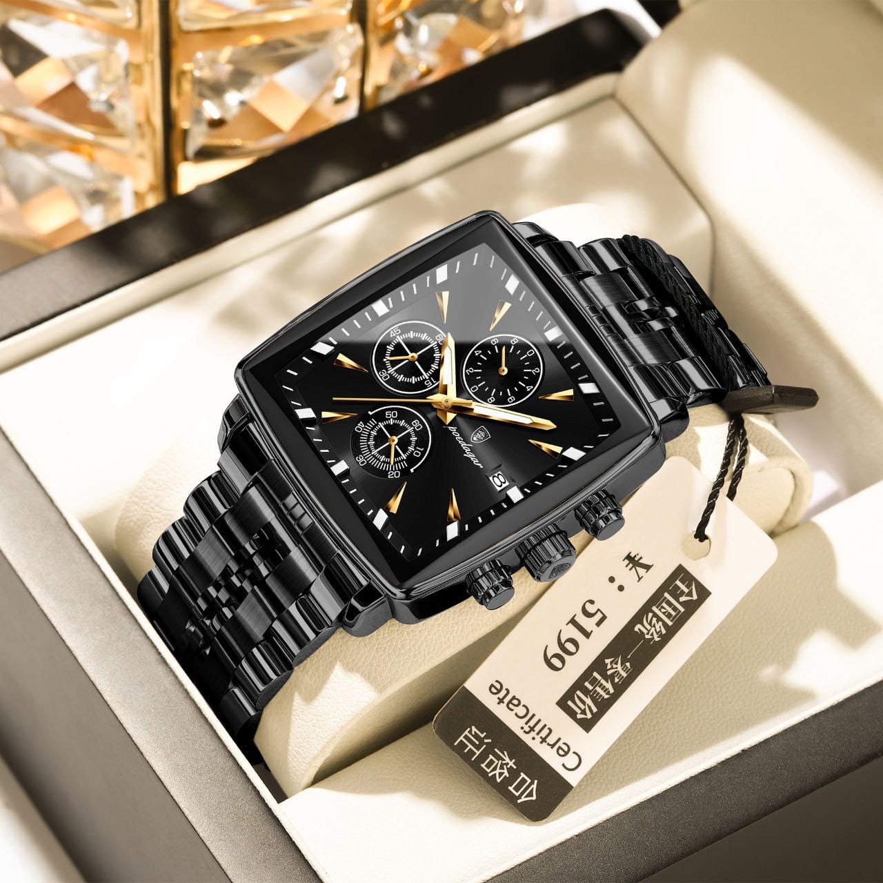 Square Luxury Quartz Watches POEDAGAR 866 Waterproof Stainless Steel Mens watch Chronograph Watch for Men
