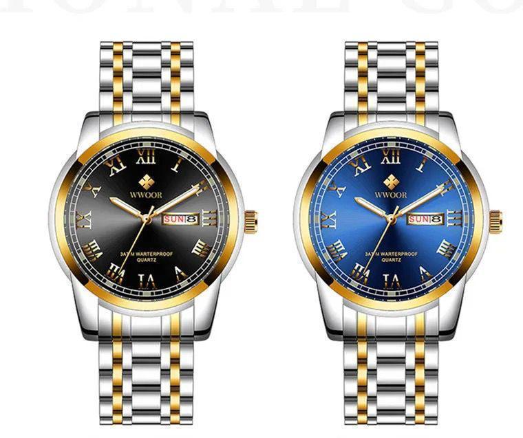 Classic Design Week Date Display WWOOR 701 Wrist Watches For Men Luxury Stainless Steel Waterproof Quartz Men Watch High Quality