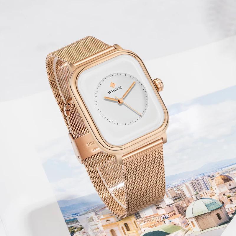 Fashion Ladies Wristwatch WWOOR 8873 Elegant Mesh Strap Waterproof Watches Luxury Quartz Women Watches