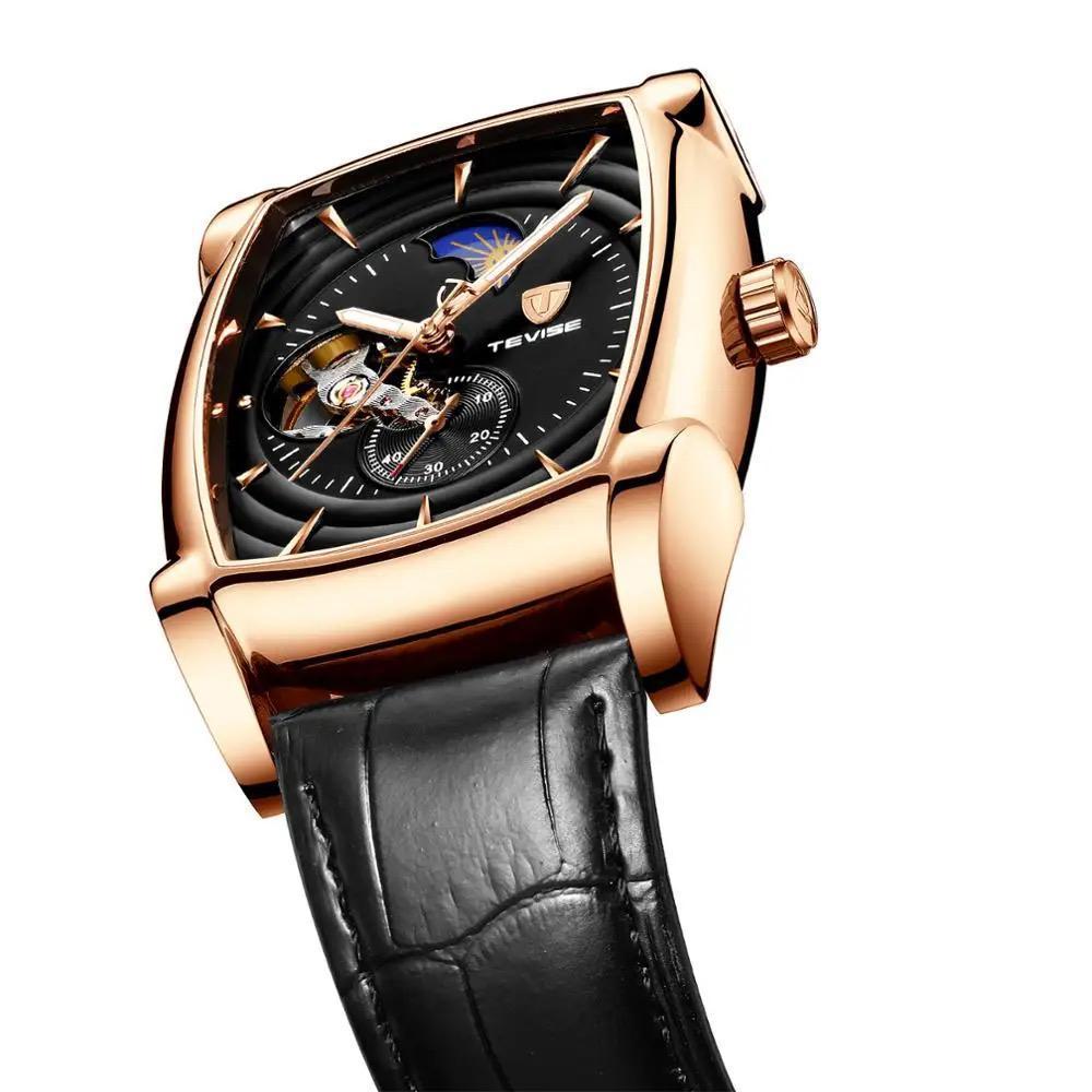 Leather Tourbillon Life Waterproof TEVISE 802D For Men Wristwatch Luminous Hands Semi-automatic Mechanical Movement Watches