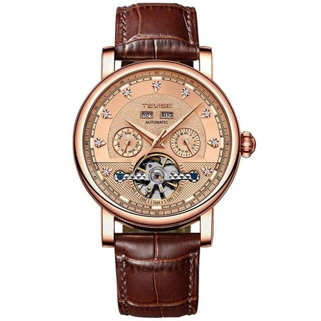 Mechanical Automatic Leather TEVISE T867C Wristwatch Year Display Men 30 ATM Waterproof Automatic Leather Diamond Dial Design Mechanical watch