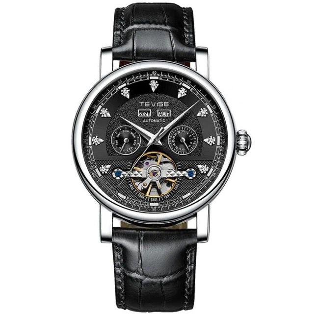 Mechanical Automatic Leather TEVISE T867C Wristwatch Year Display Men 30 ATM Waterproof Automatic Leather Diamond Dial Design Mechanical watch