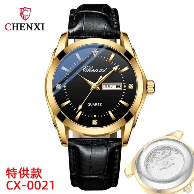 Mens Watch Black Leather Strap CHENXI 0021 Waterproof Luminous Date Week Quartz Watch Men Dual Calendar Fashion Business Clock