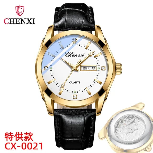 Mens Watch Black Leather Strap CHENXI 0021 Waterproof Luminous Date Week Quartz Watch Men Dual Calendar Fashion Business Clock