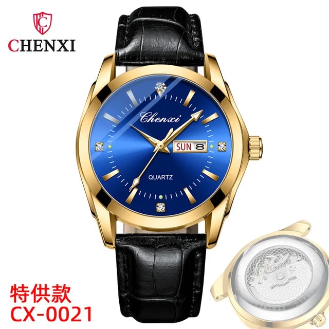Mens Watch Black Leather Strap CHENXI 0021 Waterproof Luminous Date Week Quartz Watch Men Dual Calendar Fashion Business Clock