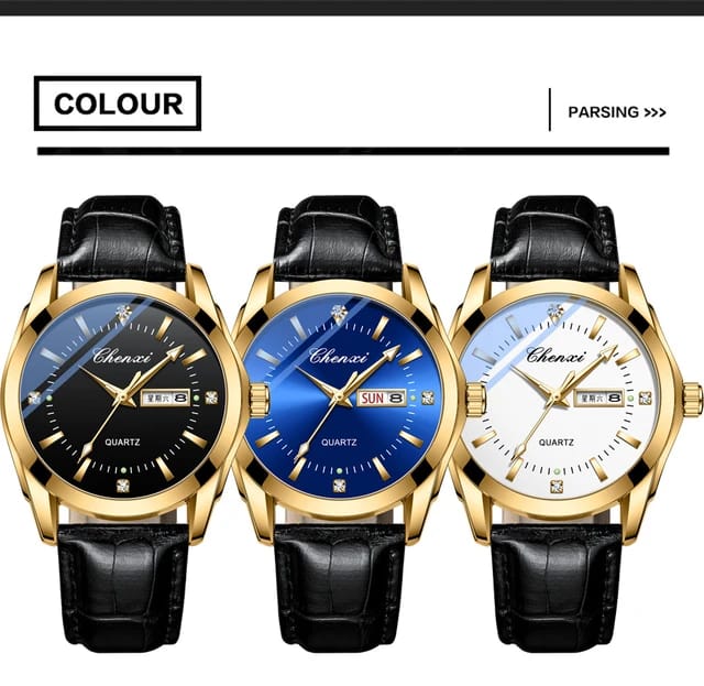 Mens Watch Black Leather Strap CHENXI 0021 Waterproof Luminous Date Week Quartz Watch Men Dual Calendar Fashion Business Clock