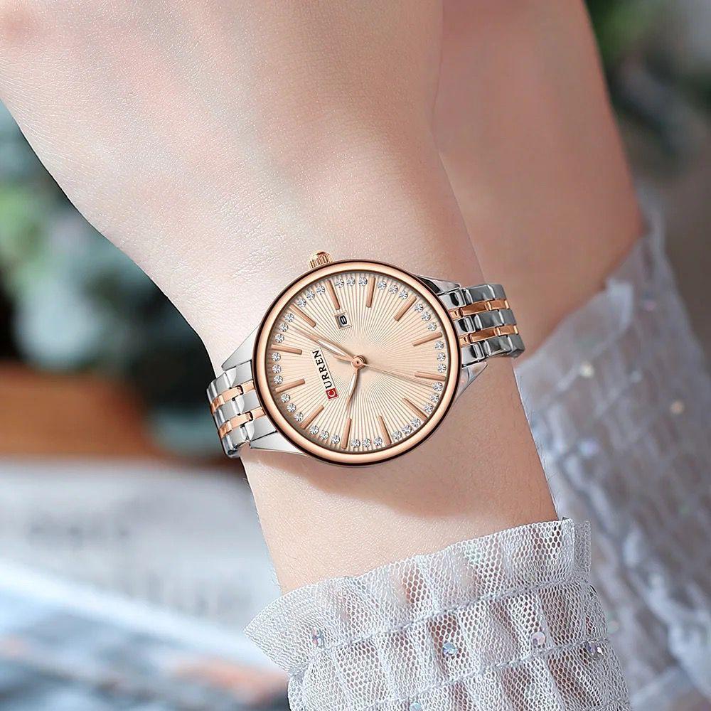 New Women Quartz Watch CURREN 9099 Fashion Leisure Diamond Calendar Analog Display Stainless Steel Strap Wristwatch for Ladies