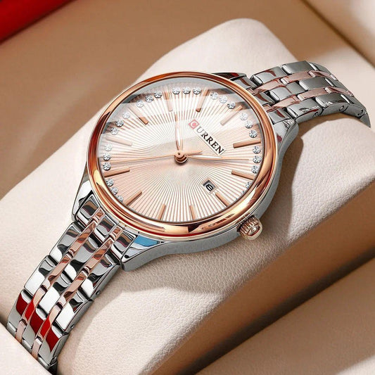 New Women Quartz Watch CURREN 9099  Fashion Leisure Diamond Calendar Analog Display Stainless Steel Strap Wristwatch for Ladies