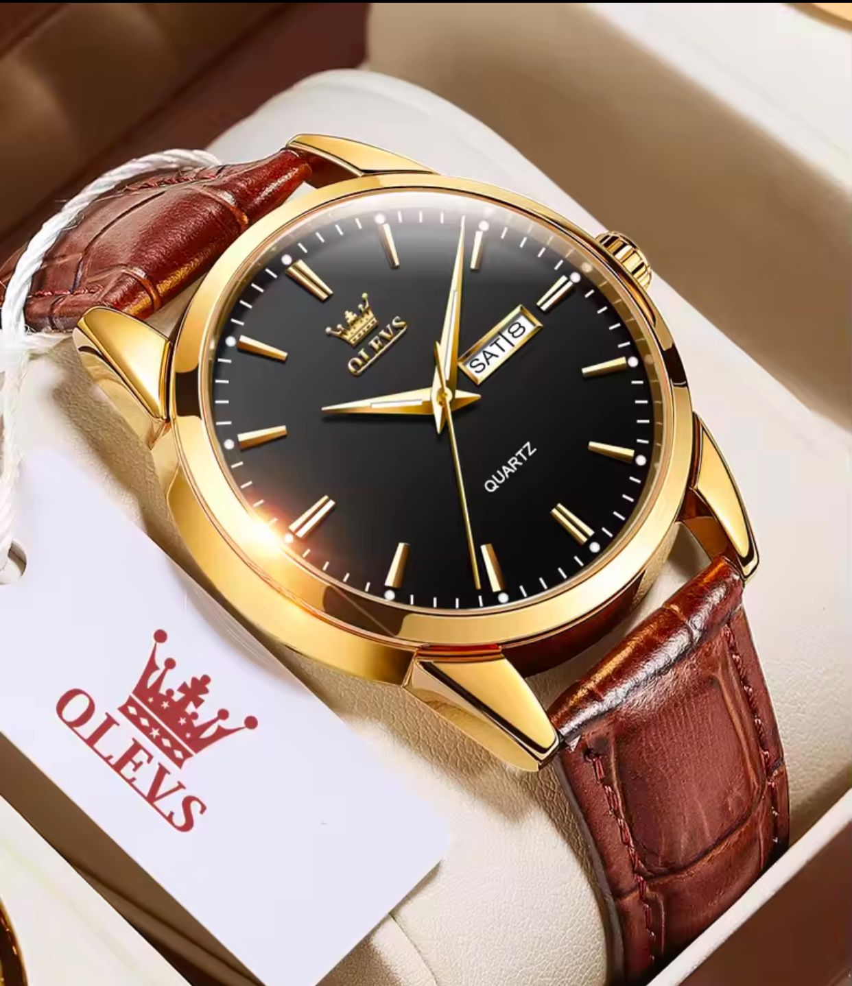 Leather Watch OLEVS 6898 Man WristWatches Luxury Day Date Quartz Watches Waterproof Watch