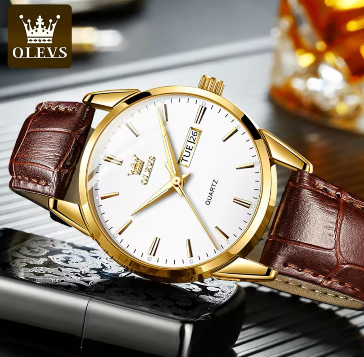 Leather Watch OLEVS 6898 Man WristWatches Luxury Day Date Quartz Watches Waterproof Watch