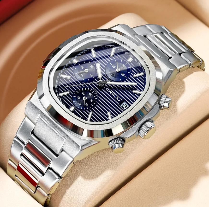 Luxury Man Watch CRRJU 2319 Business Waterproof Male Clock Luminous Date Stainless Steel Square Quartz Watch
