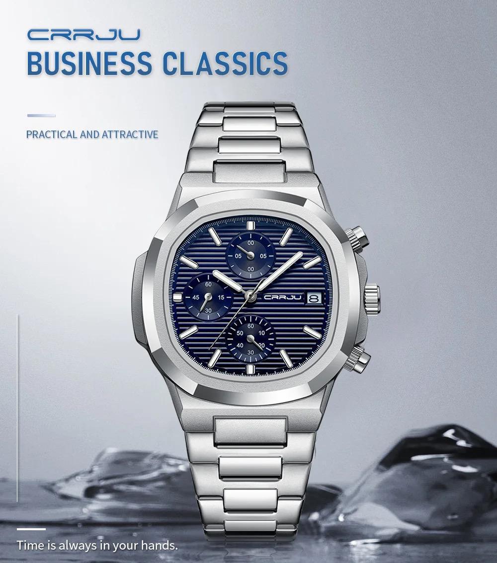 Luxury Man Watch CRRJU 2319 Business Waterproof Male Clock Luminous Date Stainless Steel Square Quartz Watch