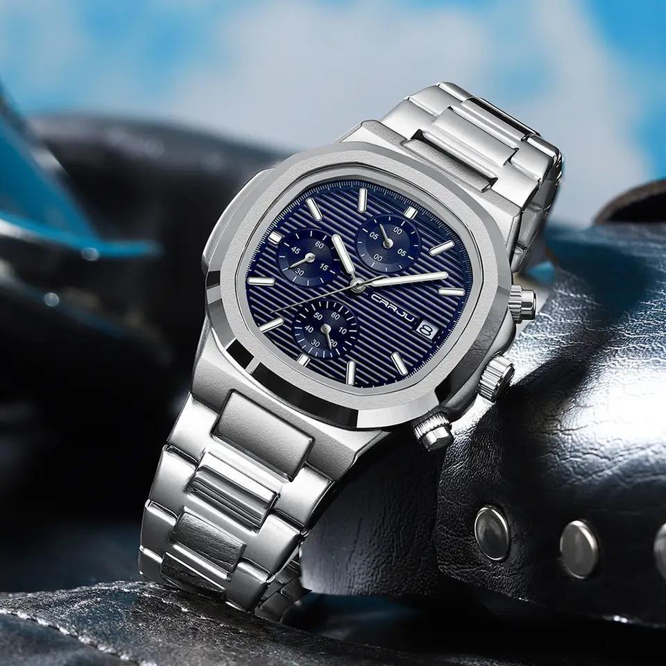 Luxury Man Watch CRRJU 2319 Business Waterproof Male Clock Luminous Date Stainless Steel Square Quartz Watch