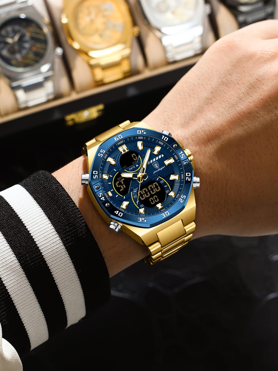 Poedagar E101 New Men Digital Watch LED Dual Time Display Waterproof Stainless Steel Electronic Quartz Men's Watches