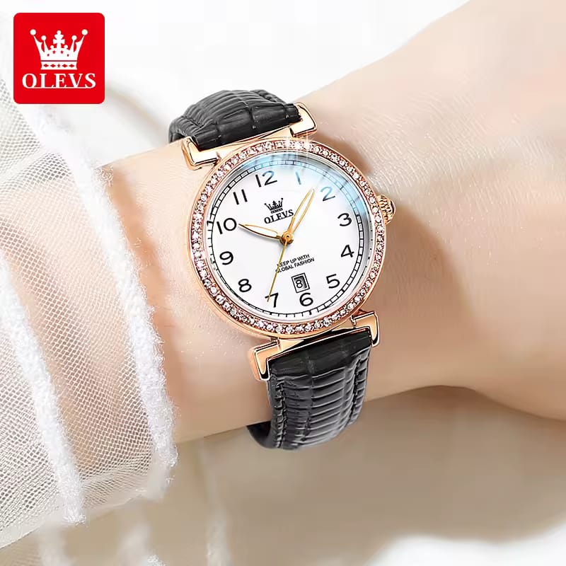 Classic Quartz Ladies Leather Wristwatch OLEVS 5590 Number Scale Original Watch For Women Waterproof Luminous Date Woman Watches