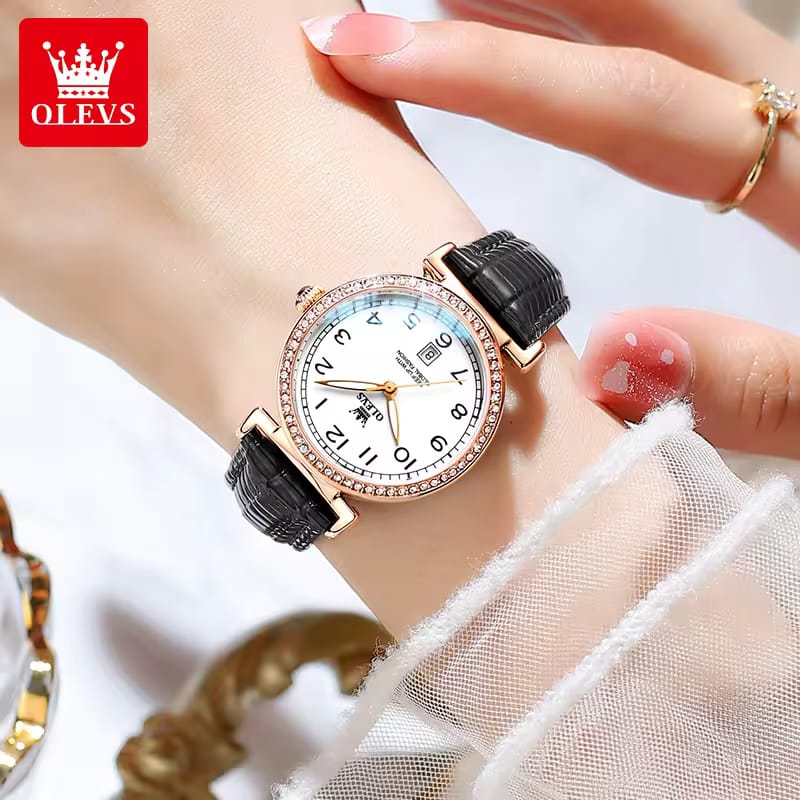 Classic Quartz Ladies Leather Wristwatch OLEVS 5590 Number Scale Original Watch For Women Waterproof Luminous Date Woman Watches