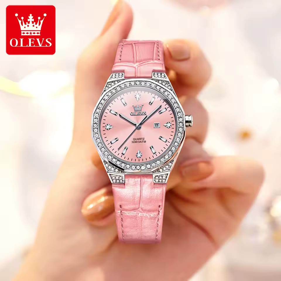Waterproof Business Quartz Wristwatch OLEVS 5606 High Definition Mirror Classic Genuine Leather Lady Beauty Women Diamond Watch