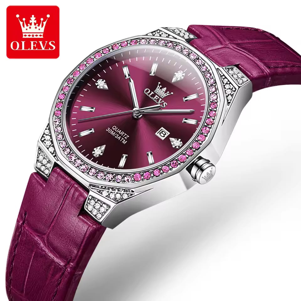 Waterproof Business Quartz Wristwatch OLEVS 5606 High Definition Mirror Classic Genuine Leather Lady Beauty Women Diamond Watch