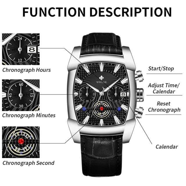 High Quality WWOOR 8843 Square Leather Band Watch Fashion Chronograph Business Waterproof Quartz Men Watches Luxury