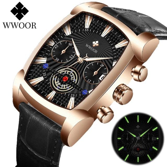 High Quality WWOOR 8843 Square Leather Band Watch Fashion Chronograph Business Waterproof Quartz Men Watches Luxury