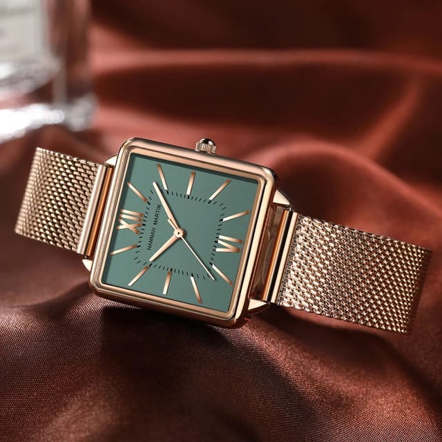 Hot Selling Women Quartz Movement HANNAH MARTIN 1082 Green Dial Roman Square Watches Stainless Steel Case Women Ladies Watches