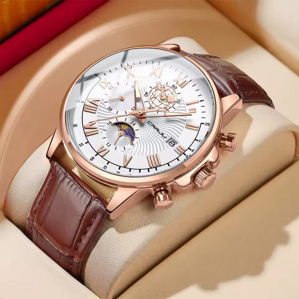 Luxury Men's Quartz Watch CRRJU 2318  Business Gentle Mature Leather Chronograph Multifunction Moon Phase Male Wristwatch