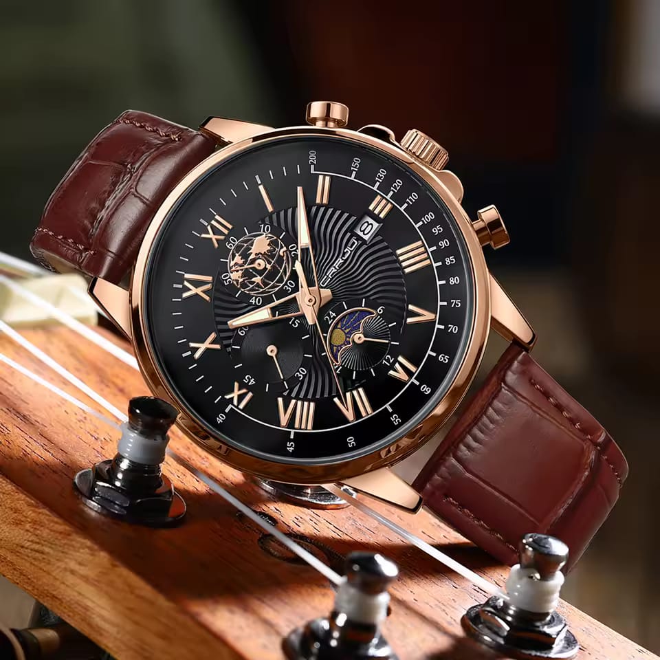 Luxury Men's Quartz Watch CRRJU 2318  Business Gentle Mature Leather Chronograph Multifunction Moon Phase Male Wristwatch